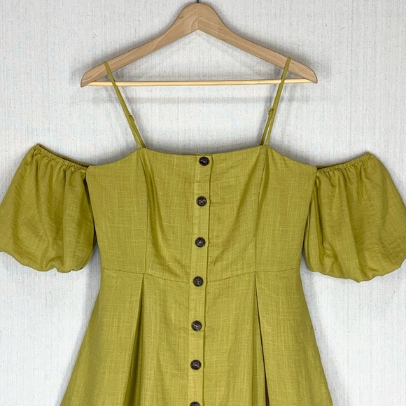 J.O.A~NWT~Cold Shoulder Fit & Flare Mini Dress~Pouf‎ Sleeves~Chartreuse~Sz M - Picture 2 of 11